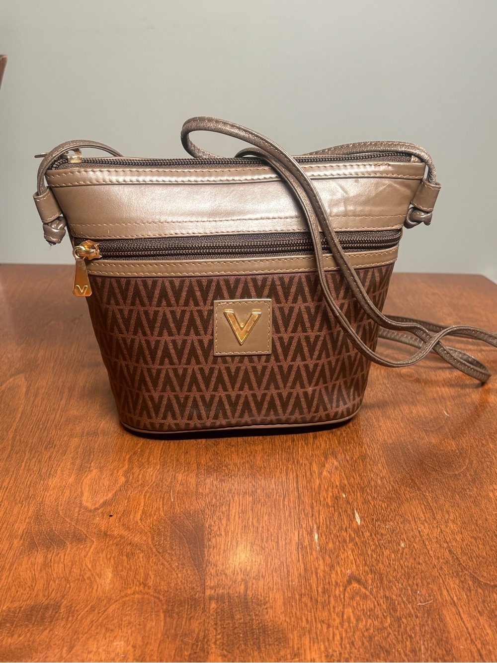Mario Valentino Brown and Taupe Monogram Crossbody